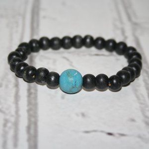 🖤💎🌿 Black Wooden & Turquoise Stone Beaded Bracelet (7")